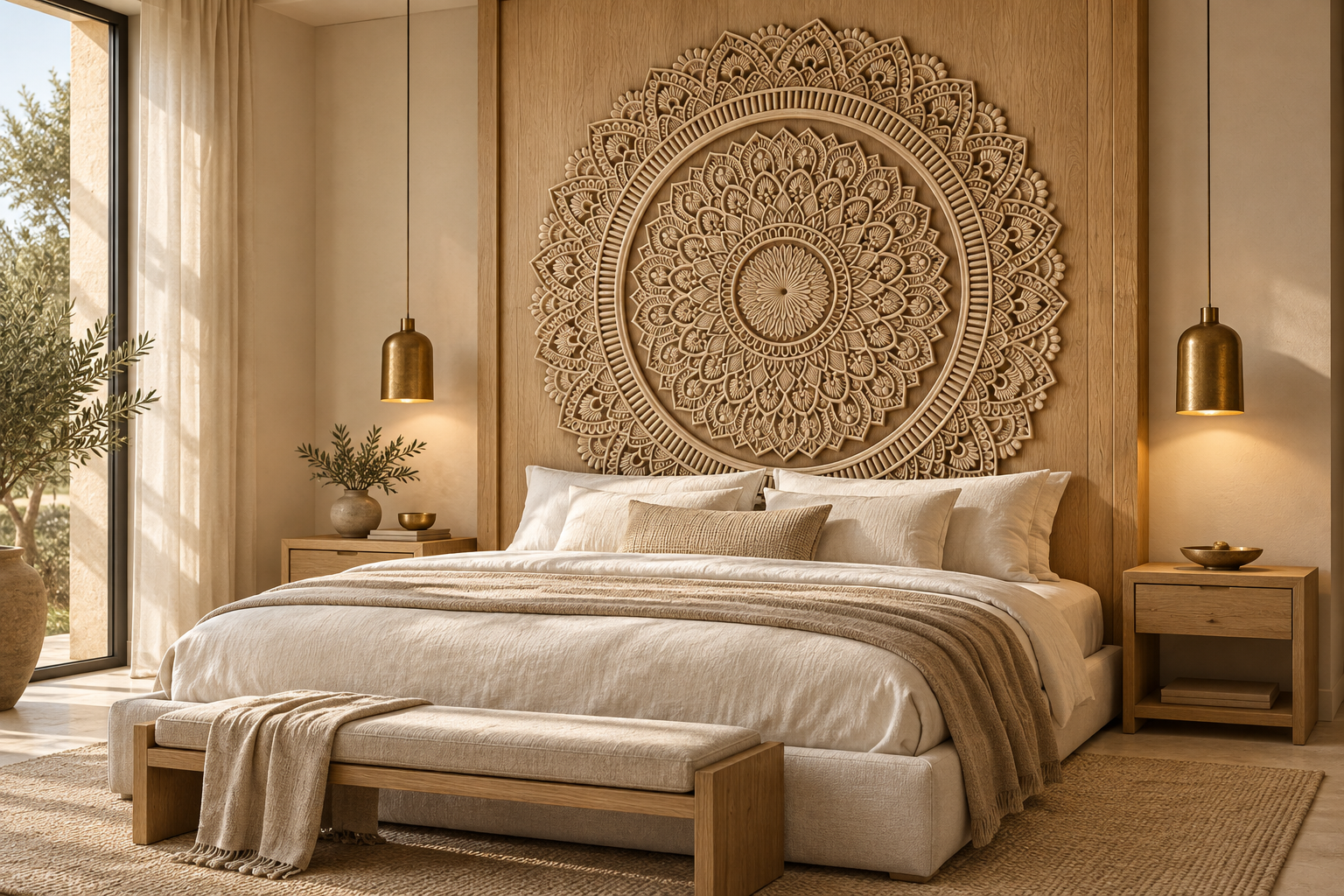 Concept of a carved oak mandala headboard in a serene bedroom with ivory bedding