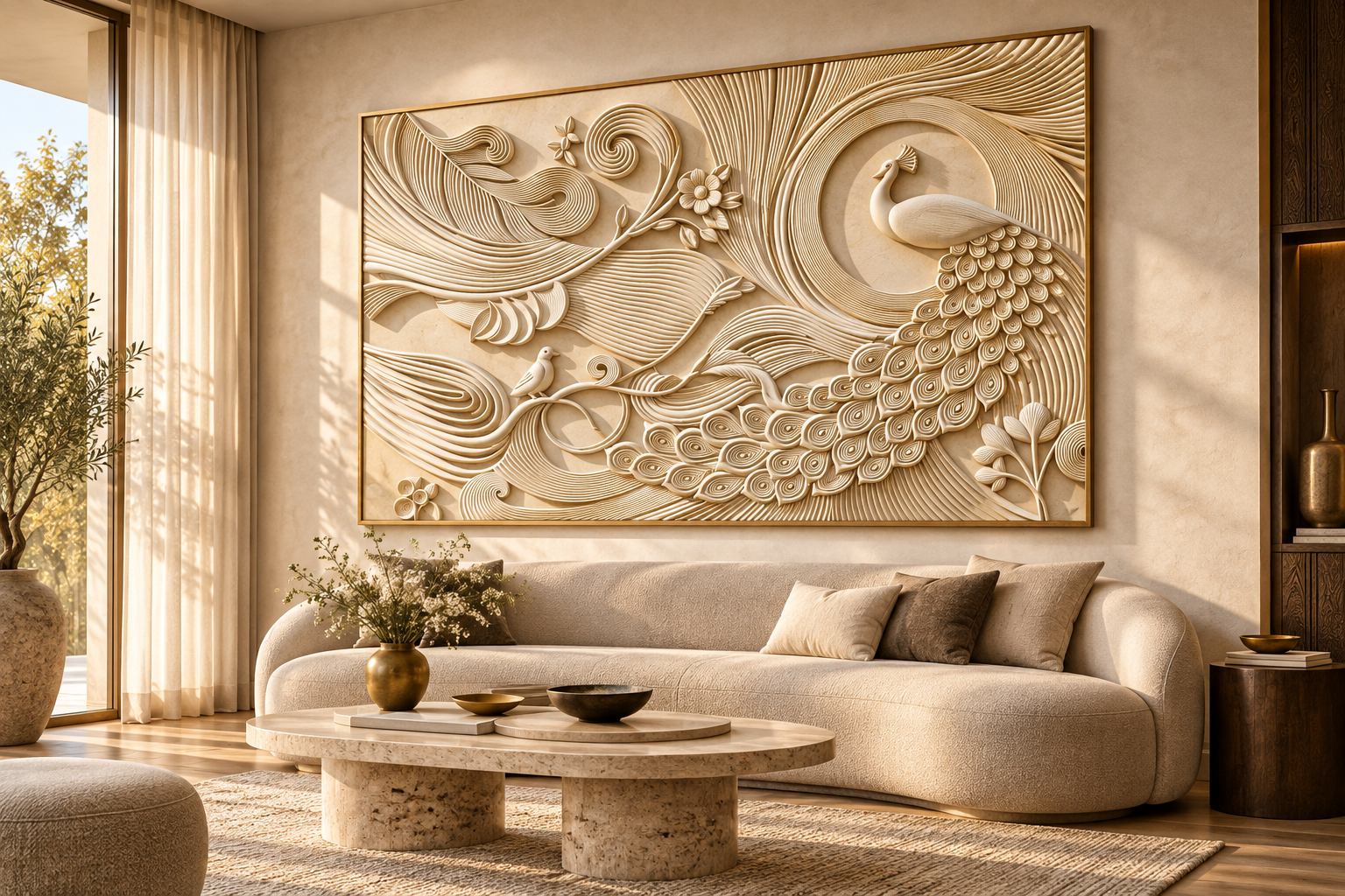 Concept of SR ART peacock relief in ivory stone above a sofa in a warm living room